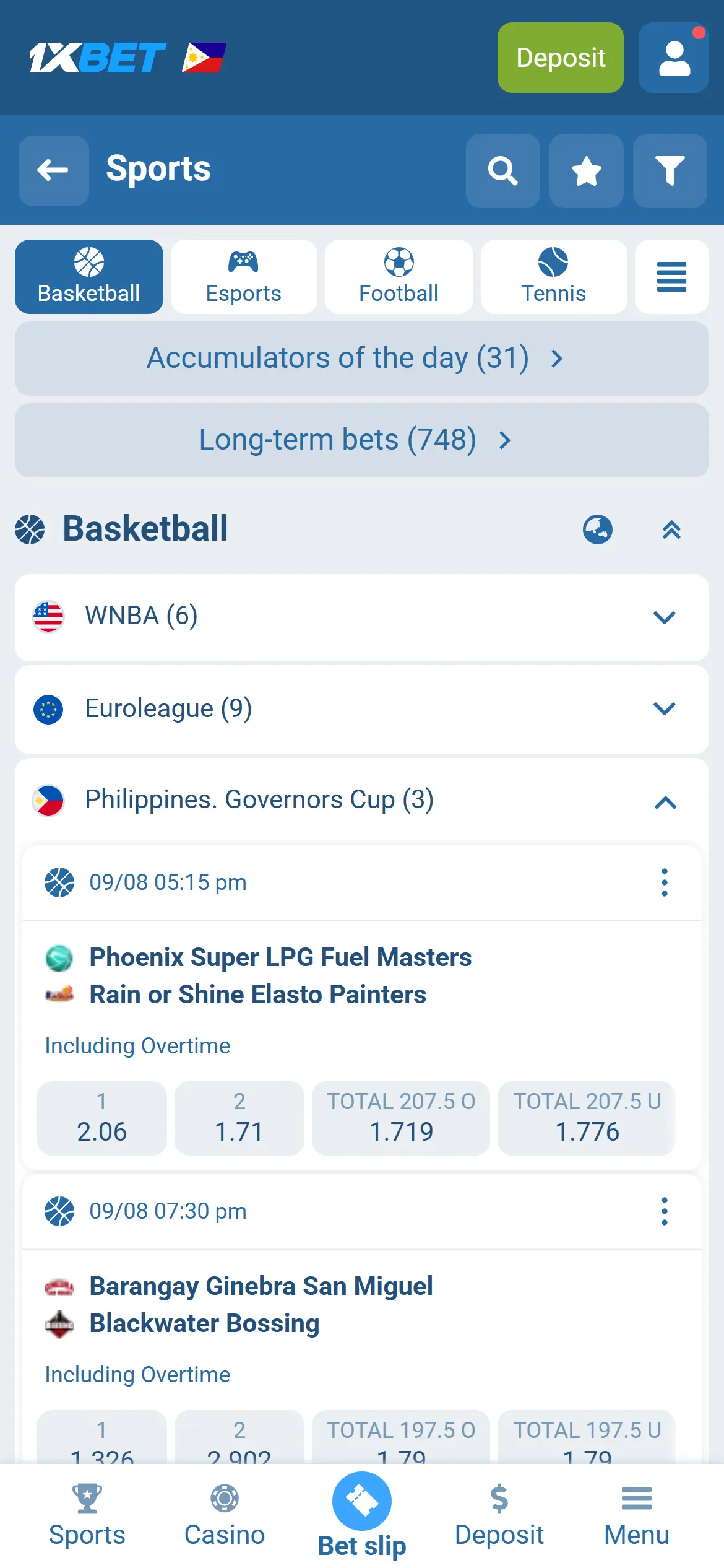 Sports listing screen: Philippines Governors Cup basketball matches