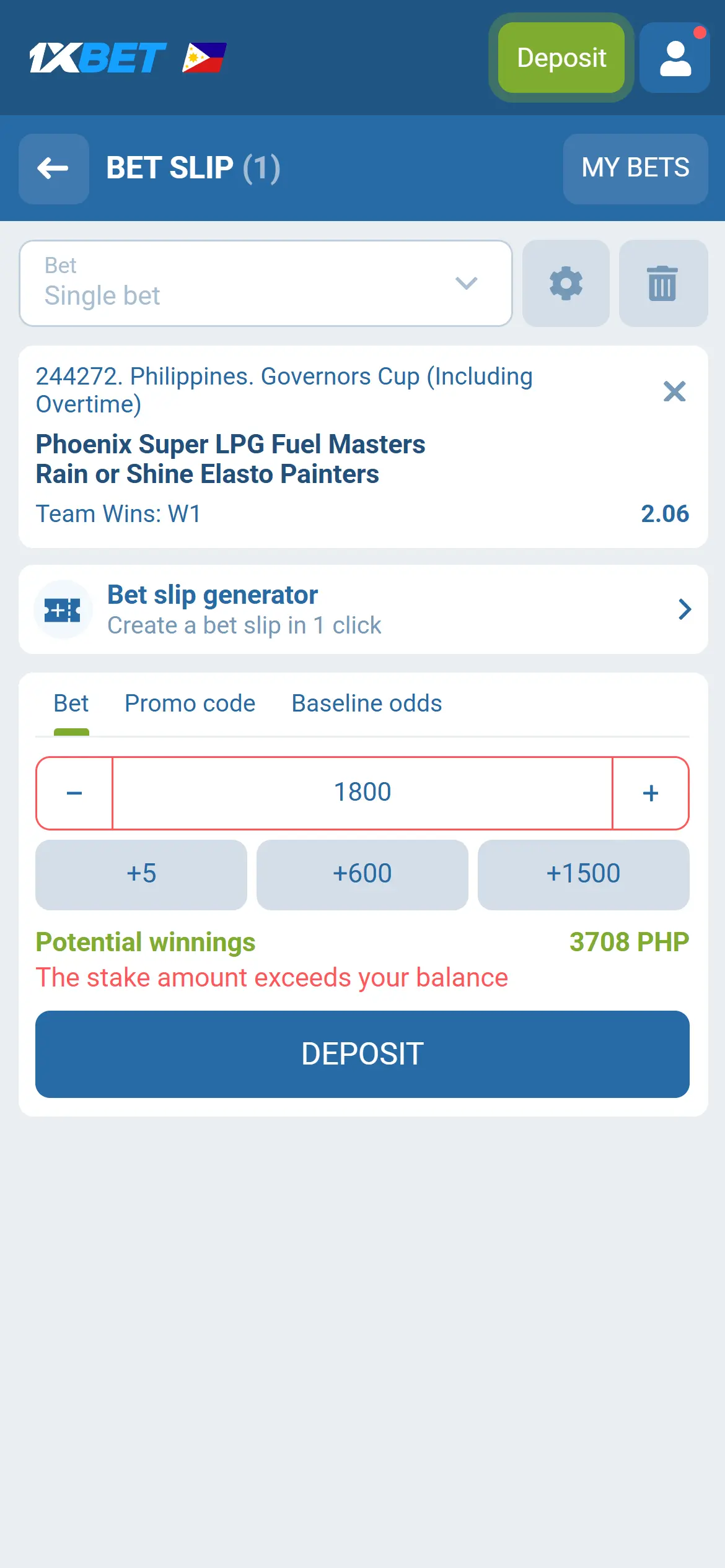 Bet slip with stake entered and potential winnings shown