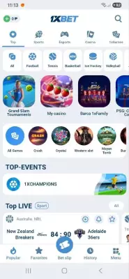 1xBet mobile app home screen with sports betting, casino games and live events