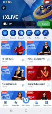 1xBet live casino in mobile app with blackjack, baccarat and roulette
